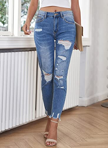 Sidefeel Women Distressed Raw Hem Washed Jeans Ripped Slim Fit Denim Pants Small Sky Blue #TOP3