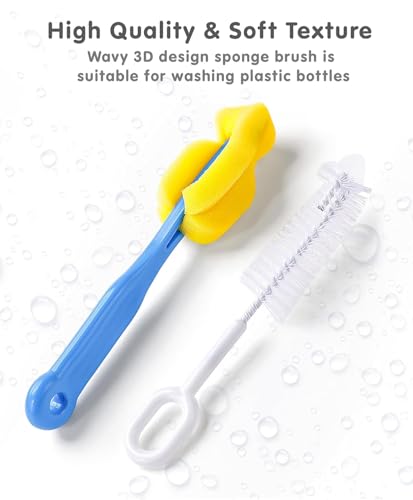 Image of 5-in-1 Baby Bottle Cleaning Brush Set | Silicone Bottle Brush Kit with Nipple Cleaner, Straw Brush, Sponge Brush & Long Tube Cleaner | Feeding Bottle Cleaning Accessories | Yellow Blue