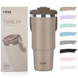 TYESO タンブラー ストロー付き 1200ml 水筒 保冷保温 大容量 ステンレスボトル 蓋付き こぼれない ウォーターボトル 持ち運び 取っ手付 真空断熱 二重構造 広口 直飲み 漏れない アウトドア おしゃれ モカブラウン KT01-01026-205