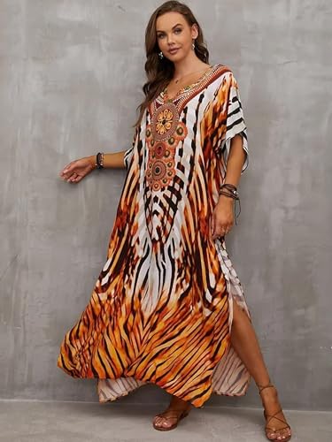 Image of Moss Rose Kaftan Dresses for Women V Neck Summer Swimsuit Cover up Caftan Maxi Beach Dresses