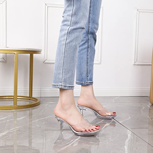 NBUUNBU Clear Heels for Women Silver Black Heels Little Platform Sexy High Heels Sandals Stiletto Kitten Open Toe Dress Shoes Comfortable Double Transparent Strap Heeled Sandals Mule2