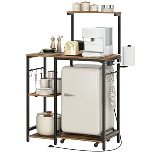 Bakers Rack with Power Outlet, 4 Tier Microwave Stand with Fridge Stand and Paper Holder, Large Coffee Bar Table Station, Kitchen Storage Rack with Hooks, Rustic Brown HB03UBR