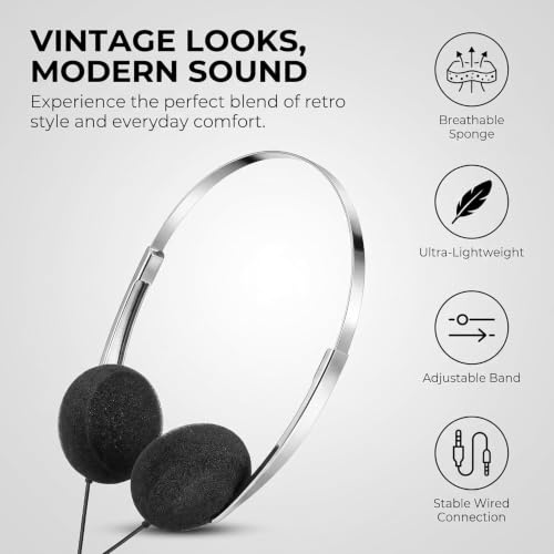 Image of Black Retro Over-Ear Earphones,Mini Stereo Lightweight Headphones with Cord,Hi-Fi Stereo Earphone Headset,80s 90s Vintage Headset Wired, Headphones and Earbuds