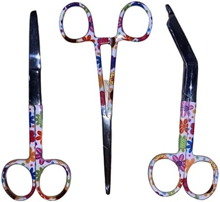 Set of Three: Bandage Scissors and Nurse Scissors with Flowers Design Design