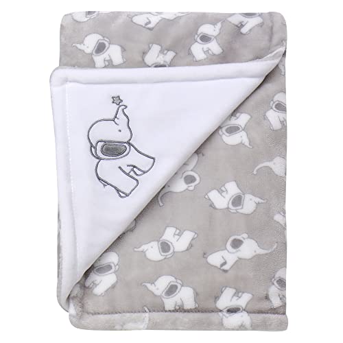 Image of Little Me Plush 2-Ply Baby Blanket with Embroidery, 2 Sided Reversible, 30" x 40" (Grey Elephant)