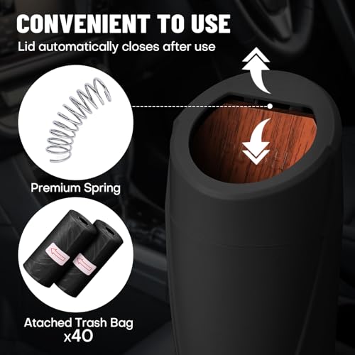 Image of Car Trash Bin with Lid-2 Pack Car Garbage Can Cup Holder-Mini Leakproof Vehicle Garbage Can Bin with 40pcs Trash Bags-Automotive Organizers and Storage for Front Back Seat Accessories(Wood Grain Lid)