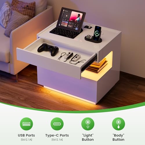 Image of HNEBC White LED Nightstand with Gun Drawers&USB-C Port&Lights for Bedroom | Bedside table,Motion‑Sensor 3‑Color Lighting, Hidden Storage Compartment, USB, Type‑C Charging Station,Hight-Gloss