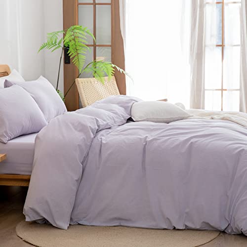 Image of BESTOUCH Cotton Solid Duvet Cover Set Linen Feel Taro Purple Twin | 100% Washed Cotton, Soft Wrinkle Texture, Hidden Zipper, 8 Ties, Breathable Lightweight Durable Comfy, 2 Pcs No Insert