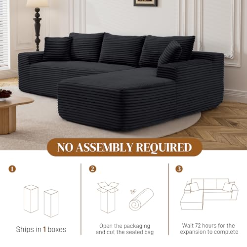 Image of 95 inch L Shaped Boneless Sectional Couches, Wide Armrest, Deep Seat, Memory Foam, Assembly Free, Modern Comfy Corduroy Fluffy Cloud Sofa with Right Chaise for Living Room, Small Spaces, Black