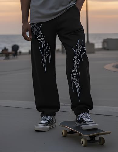Image of Aesthetic Gothic Wide Leg Pants for Men | Tribal Print Baggy Streetwear | Oversized Track Pants with Elastic Waist | Black and White Relaxed Fit Bottoms