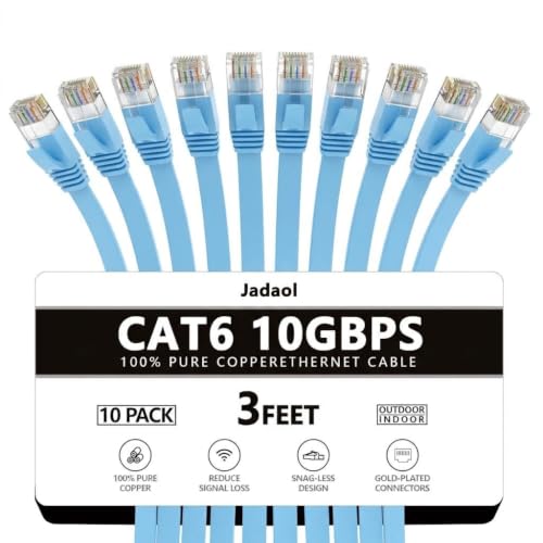 Image of Jadaol Cat6 Ethernet Cable 3FT 10-Pack 10Gbps Flat Network Cable, Blue
