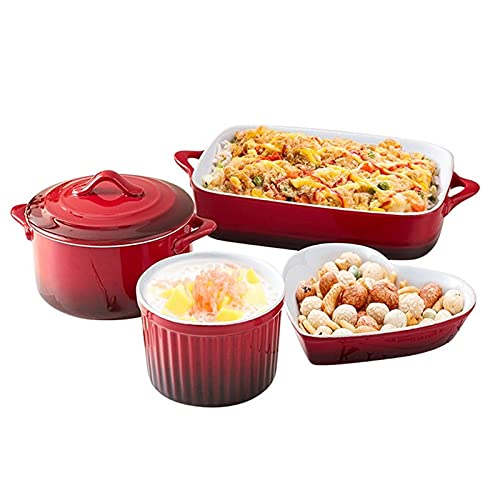 QINGGANGLING999 Red Ceramic Baking Tray Set - 4-Piece Bakeware for Lasagna, Casserole, and Cake Cooking