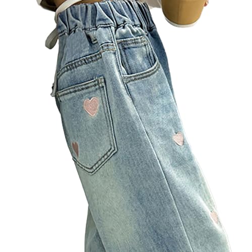 Girls' High Waist Wide Leg Jeans, Loose Denim Pants with Heart Embroidery - 4 Pockets Fashion Trousers for Girls4