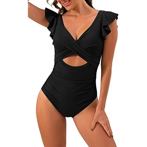 B2prity Women's One Piece Swimsuit Ruffle Cutout Bathing Suits Slimming Tummy Control V Neck Wrap Swimwear Black Cover