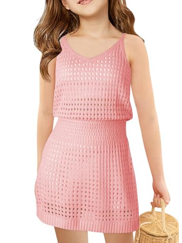 Image of Haloumoning Girls Sleeveless Crochet Swimsuit Cover Up Kids Summer Hollow Out Knitted Beach Dress 7-14 Years