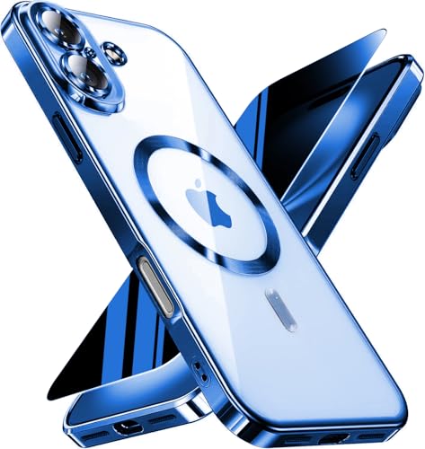 Image of Magnetic for iPhone 16 Plus Case with Privacy Screen Protector & Full Camera Cover,[Non-Yellowing] Plating Glossy Soft Shockproof Clear Phone Case with MagSafe Women Girls for iPhone 16Plus 6.7 inch,Blue