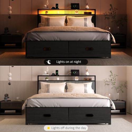 Image of Queen Bed Frame with 2 Drawers, Platform Bed Frame with LED Lights and Charging Station, Upholstered Headboard, Heavy Duty Metal Slats, No Box Spring Needed, Noise Free, Easy Assembly