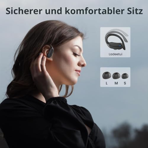 TRAUSI Wireless Earbuds Bluetooth Kopfhörer, Bluetooth 5.3 Stereo Over Ear Buds, Noise Cancelling Mic, IPX7 Waterproof Headset für Workout/Laufen, Schwarz