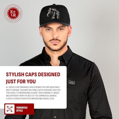 Image of Ferreti Hats FT88 Black Horse Hat for Men & Women - Metal Horse Emblem Hat - Premium Snapback Baseball Cap, Gorra de Gallo para Hombre y Mujer