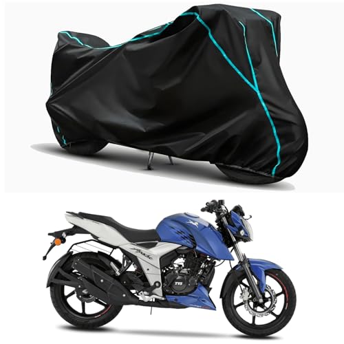 Image of Waterproof Bike Body Cover Compatible for | TVS Apache RTR 160 4V BS6 | Taffeta Fabric, Sky Piping Design, Bottom Elastic Fit | Dustproof, Sun UV & Rain Protection for All Weather.