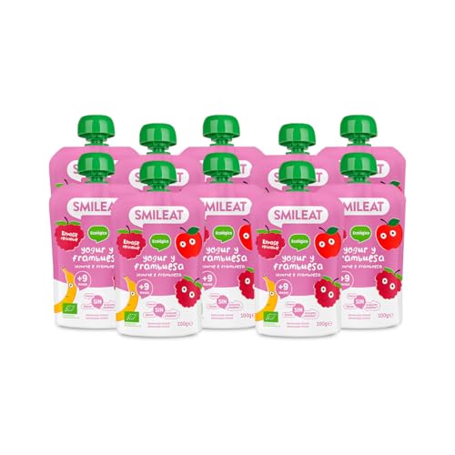 Smileat - Pack de 10 Pouch de Frutas Ecológicas - Sin Sal ni Azúcar Añadido, Sin Gluten - Snack Práctico para Peques - Sabor a Yogur y Frambueza