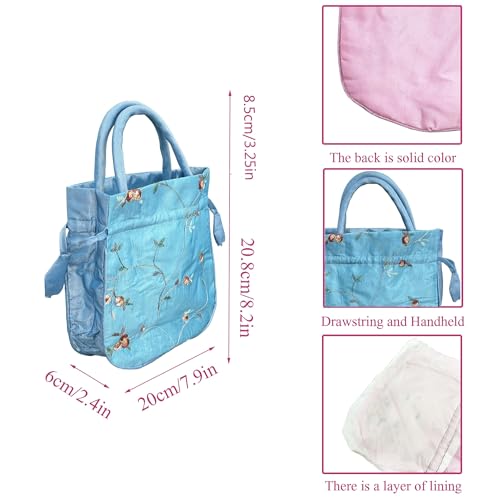 Image of Silk Jewelry Bags Retro Embroidery Fabric Hand Bag Large Sky Blue | 2PCS Bulk Brocade Pouch Drawstring Gift Bag ,for Candy Wedding Party Presents Snacks & Jewelry
