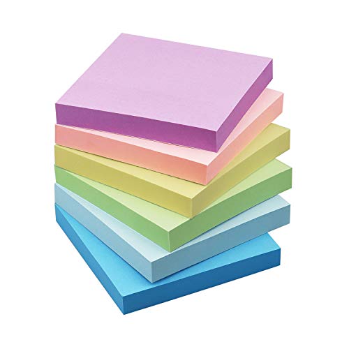 Sticky Notes 3x3 inch Pastel Colors Self-Stick Pads 6 Pads/Pack 100 Sheets/Pad Total 600 Sheets