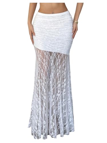 GORGLITTER Women's Floral Lace Sheer Mesh Long Skirt A Line Low Rise Ruched Flowy Coquette Skirts