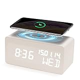 LED Holz Wecker digital mit Wireless Charger für iPhone 13/12/11/XR/XS/X/8, Galaxy S10/Note 9/S9, digitaler Wecker Tischuhr Schreibtisch deko Weiß