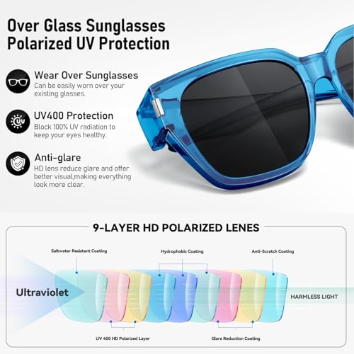 Image of HAOLOTA Polarized Fit Over Glasses Sunglasses for Women Men Trendy Square Wrap Around Shades UV Protection