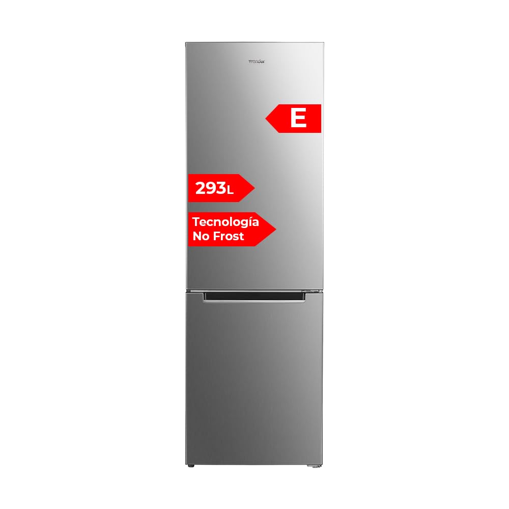 WONDER Frigorífico Combi Inox, 2 Puertas WC185603ENFX, Capacidad 293 Litros, No Frost, Multi Air Flow, Bajo Nivel Sonoro, Puerta Reversible, Clasificación Energética E