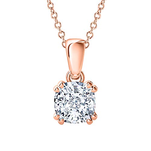 RUDRAFASHION 5mm 1.00ct Valentine's Day Special Cushion Cut 14k Rose Gold Over .925 Sterling Silver White CZ Diamond Double Prong Solitaire Pendant Necklace for Womens