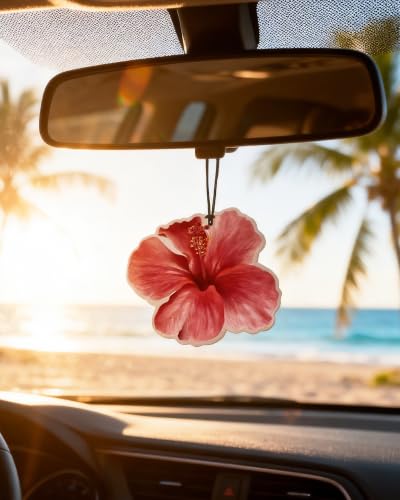 Image of Car Air Freshener 5-Pack, Hanging Red and Pink Floral Designs, 5 Scents | 5 flower-shaped designs with black cords; approx. 3 x 3.2 in, 3 mm thick; jasmine, hyacinth, sea, freesia and bluebell scents