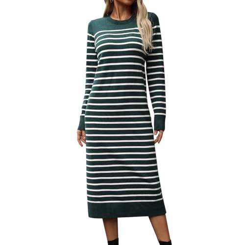 ABEHIK Gestreiftes Pulloverkleid für Damen, Herbst, Strick, Rundhalsausschnitt, lange Ärmel, Baggy, lässig, langes Kleid, lockerer Herbst, Winter,...