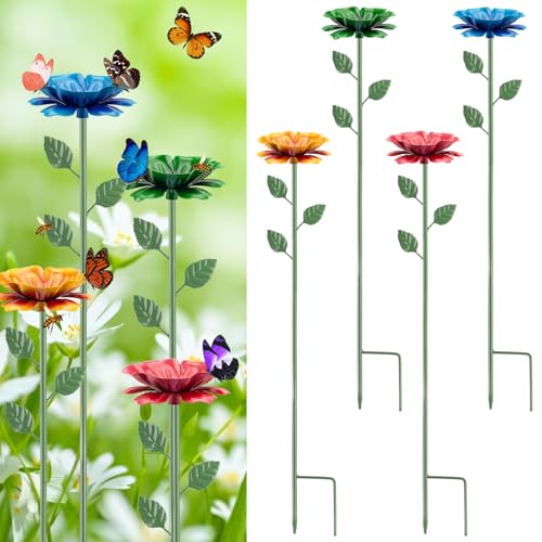Abtanx 4 Pack Bee Watering Station Bee Feeder for Garden Metal Butterfly Water Feeder with Flower Design Colorful Butterfly Bee Bath Bowl for Outdoor Garden Yard