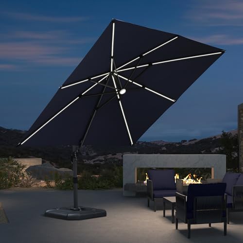 Image of PURPLE LEAF 3 x 3 m Square Cantilever Parasol with Solar LED, Outdoor Garden Parasol Rotate 60 on Both Sides, Tilt and Rotate 360, UV Protection, Navy Blue