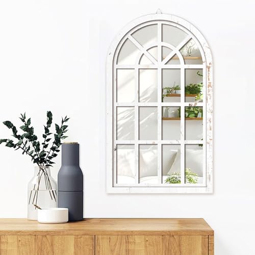 Miroir mural arche bois blanc pour illuminer un salon sombre et masquer les défauts