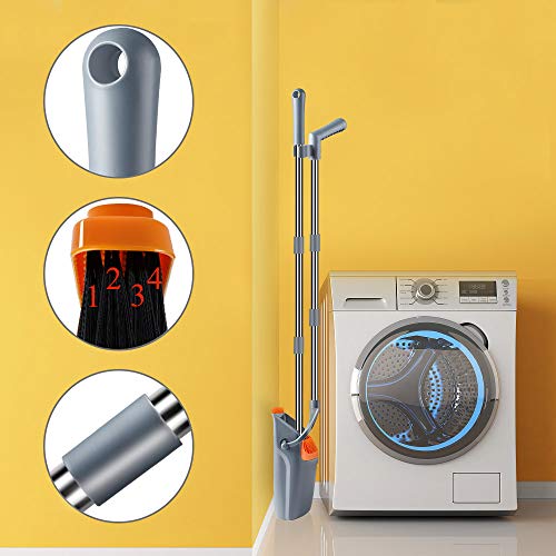 Image of Rubber Super Long Handle Lobby Brooms, Self-Cleaning Broom And Dustpan Set With Dust Pan Teeth For Home, Kitchen And Office Use (Grey And Orange), Hard floor