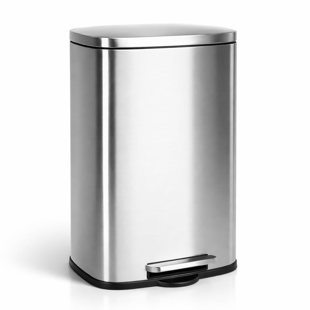 T-LOVENDO.ES Cubo de Basura 50L Grande de Acero Inoxidable con Pedal | Papelera con Tapa Anti-Olores | Sistema Sujeta Bolsas | Diseño Moderno | Apertura Suave y Silenciosa | Cocina Baño Oficina