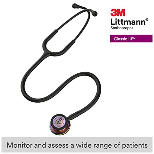 3M Littmann Classic III Monitoring Stethoscope, Rainbow-Finish Chestpiece, black stem and headset, Black Tube, 27 inch, 5870 - Image 3