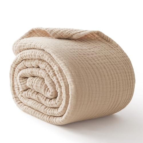 Image of 100% Cotton Muslin Blanket California King 120 inch x 90 inch, 6 Layers Breathable and Lightweight Oversized Blankets for Bed, Soft Cooling Gauze Blanket for Adults All Season, Beige