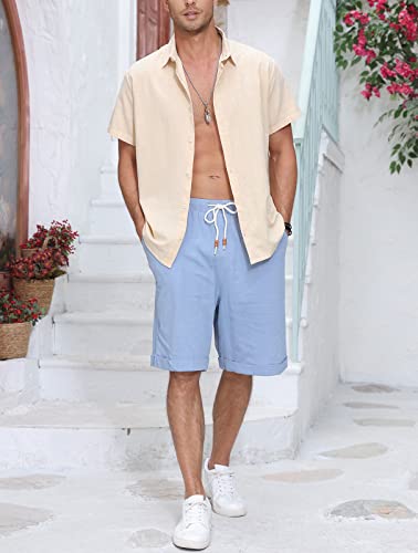 Halfword Camisa Lino Hombre Manga Corta Verano Casual Coton Botones Camisa Suelta Playa Boda Blanca Shirt Beige XL