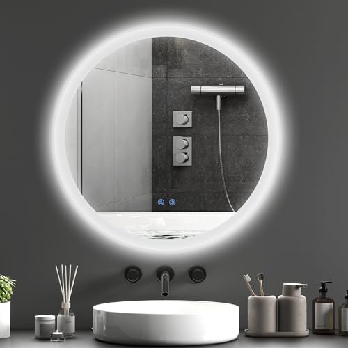 kleankin Badspiegel mit Beleuchtung Ø70 cm Runder LED Spiegel Wandspiegel mit Touchschalter, Memory-Funktion Lichtspiegel Beschlagfrei mit 3 Lichtfarben Weiß+Silber kleankin Badspiegel mit Beleuchtung Ø70 cm Runder LED Spiegel Wandspiegel mit Touchschalter, Memory-Funktion Lichtspiegel Beschlagfrei mit 3 Lichtfarben Weiß+Silber