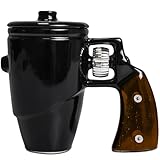 LUCYLANKER Revolver Gun Mug with Lid, Novelty Ceramic Coffee & Tea Cup with Spin Wheel Handle, 3D Pistol Gag Gift Mugs, Ideal Military Gifts for Men, Coworker & Gun Enthusiasts, 16 oz (Black1)