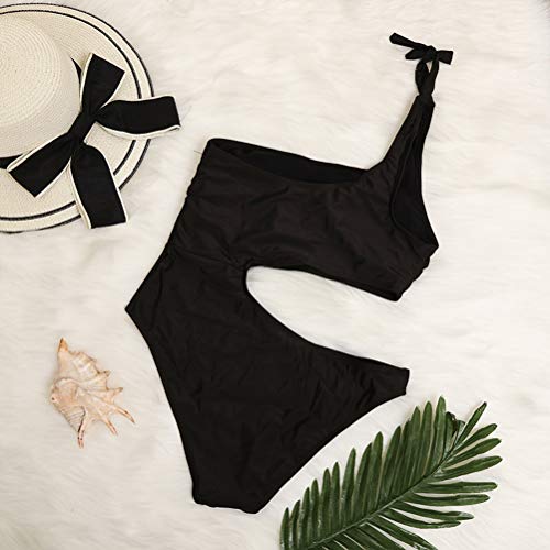 Maiô de uma peça de ombro só, traje de banho feminino sexy recortado, monoquíni liso (preto/G)
