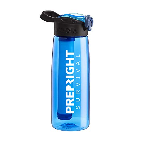 PREP-RIGHT Survival – 4-Stage Water Filter Bottle, BPA-Free 22oz Camping Water Bottle with Built-In Compass, Travel and Emergency Preparedness Gear, Blue