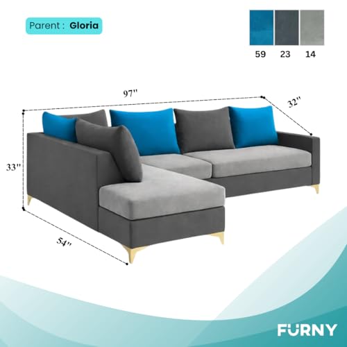 Image of FURNY Gloriss 6 Seater Fabric LHS L Shape Sofa Set with Multi-Color Aqua Blue Cushions (Light Grey-Dark Grey) Premium Velvet Finish with Golden Legs | Ideal for Living Room, Offices
