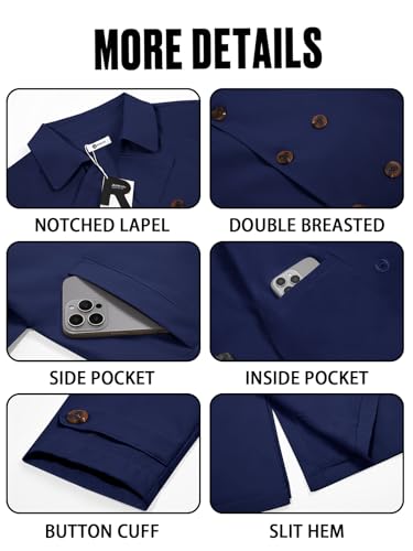 Image of Runcati Mens Trench Coat Double Breasted Notched Lapel Casual Belted Windbreaker Fall Classic Long Jacket Overcoat
