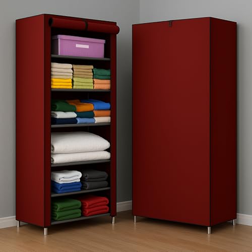Image of Vtopmart Collapsible Wardrobe 6 Shelves Storage Clothes Storage Rack Quick Wardrobe /Cabinet /Multipurpose Storage Rack, Foldable, Collapsible Fabric Organizer for Home Office (Maroon, 6)