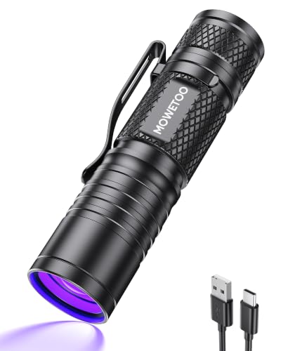 MOWETOO UV Taschenlampe Aufladbar - Mini LED UV Lampe Schwarzlicht Taschenlampe 395nm Zoombare Ultraviolettes Licht Torch für Urinuntersuchung von Haustieren Geldscheinkontrolle Bernsteinsuche